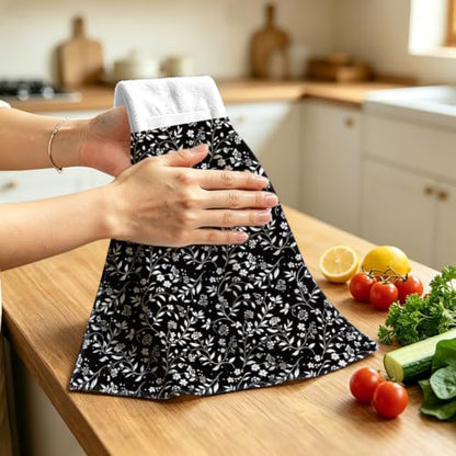 Black White Floral Hanging Kitchen Towels 2pcs Hand & Dish Drying Towels