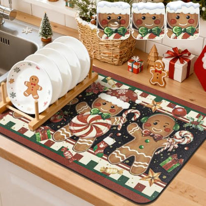 Christmas Dish Drying Mat Gingerbread Candy Cane 12x20 Inch - Holiday Kitchen Decor