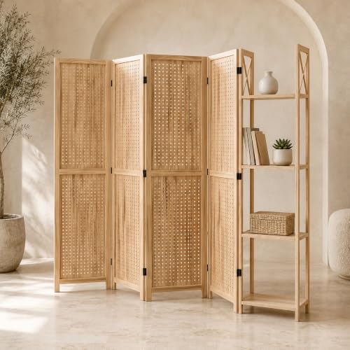 Pegboard Room Divider with Side Shelves - 4-Panel Display, Natural