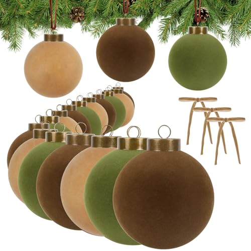 Velvet Christmas Balls Set - 15pcs 3.15 Inch Flocked Ornaments with 10 Bows - Brown, Green, Khaki
