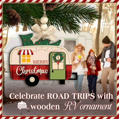 Christmas Wooden Camper Ornament - Rustic Holiday Travel Decor