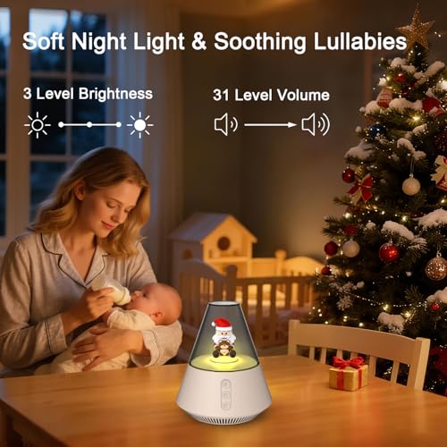 White Noise Machine with Santa & Bear Figurines, Night Light, 30 Soothing Sounds