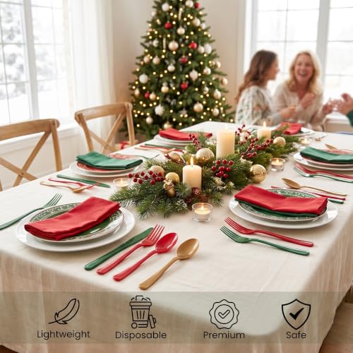 Christmas Plastic Silverware Set 300pcs Full Size Disposable Cutlery - Red Green Gold