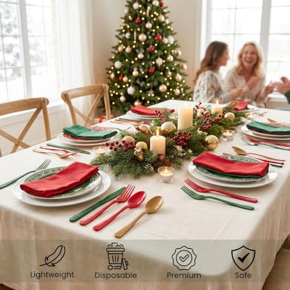 Christmas Plastic Silverware Set 300pcs Full Size Disposable Cutlery - Red Green Gold