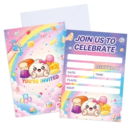 Pink 20Pcs Squishy Birthday Invitations with Envelopes - Dumpling & Food Theme