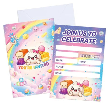 Pink 20Pcs Squishy Birthday Invitations with Envelopes - Dumpling & Food Theme