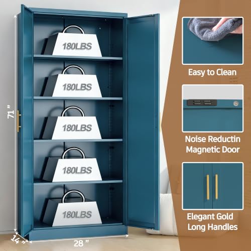 71-Inch Tall Metal Kitchen Pantry Cabinet with Adjustable Shelves - Blue, 71"H x 27.8"W x 14"D