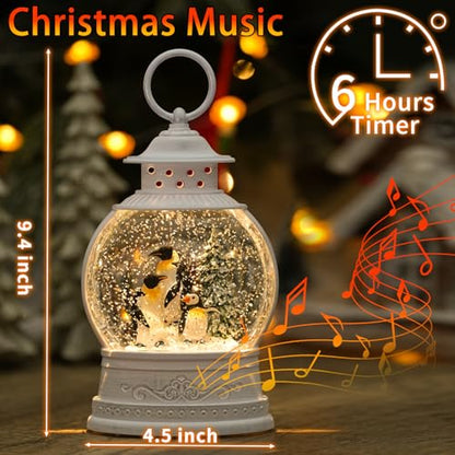 Penguin Snow Globe Lantern Christmas Decor with Music & Timer - Swirling Glitter Lighted Holiday Gift