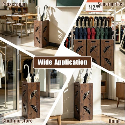 Vintage Wooden Umbrella Stand for Entryway with Butterfly Pattern - Freestanding Holder