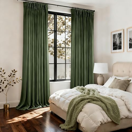 Olive Green Velvet Curtain Panels 84 Inch Long Pinch Pleated 2 Pack