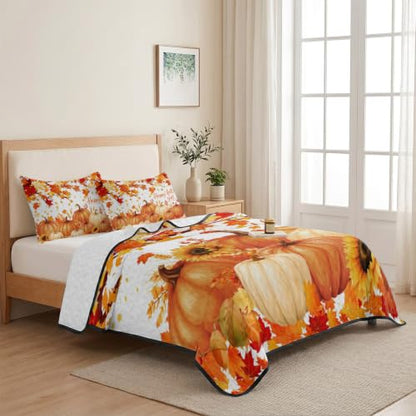 Orange Thanksgiving Twin XL Quilt Set with Pumpkins and Maple Leaves - All Season Bedding with Pillowcases