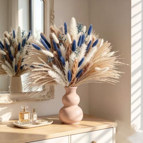 73PCS Dried Flower Bouquet with Blue & Natural Boho Decor for Wedding & Home