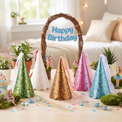 5 Pcs Glitter Princess Party Cone Hats with Ribbons and Tassels