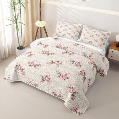 Pink Yellow Rose Quilt Set for All Season Bedspread Full Size with 2 Pillowcases - Romantic Bedding