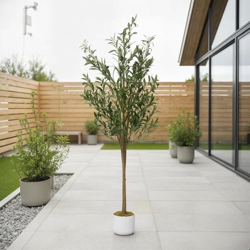 5Ft Artificial Olive Tree with White Planter - Realistic Faux Indoor Plant - Green-5ft