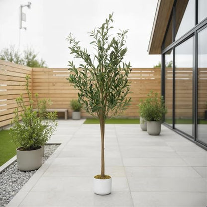 5Ft Artificial Olive Tree with White Planter - Realistic Faux Indoor Plant - Green-5ft