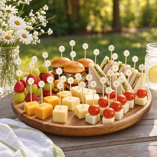 Daisy Cocktail Picks 100 Pack - 4.7 Inch Bamboo Appetizer Skewers for Party