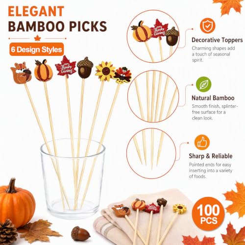 Fall Cocktail Picks Set - 100 Autumn-themed Skewers for Thanksgiving & Parties