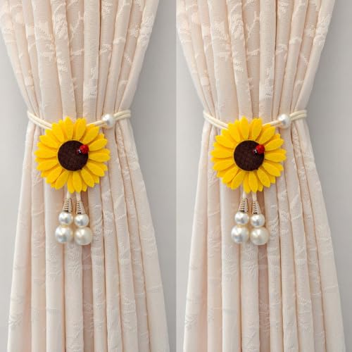 Sunflower Curtain Tiebacks with Ladybug & Pearl - Yellow, Adjustable 2-Pack