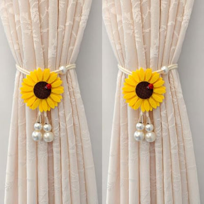 Sunflower Curtain Tiebacks with Ladybug & Pearl - Yellow, Adjustable 2-Pack