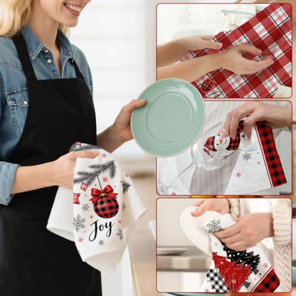 Christmas Kitchen Towels Set of 4 - Red Plaid Hand Towels for Holiday Decor - 16x23.5 Inch