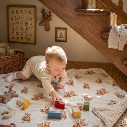 Fleece Baby Blanket 30x35 Inches - Tan Bear Plush Reversible Crib Cover for Boys & Girls