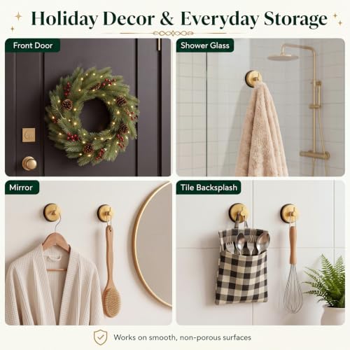 2 Pack Gold Suction Cup Wreath Hooks for Glass Doors - Heavy Duty Support