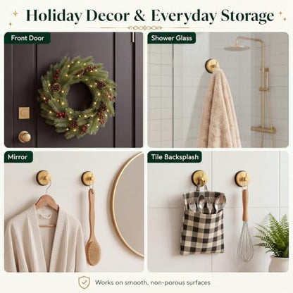 2 Pack Gold Suction Cup Wreath Hooks for Glass Doors - Heavy Duty Support