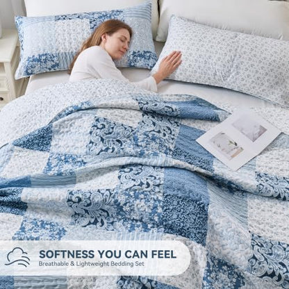 Alaskan King Quilt Set 132x120 Blue Patchwork Reversible Bedspread
