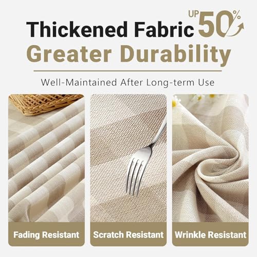 Laolitou Checkered Oval Tablecloth - Beige Washable Cotton Linen Gingham 60x84 Inch with Tassels - Oval Variation