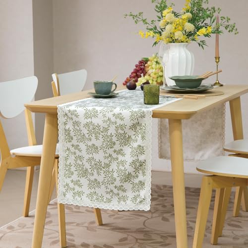 Vintage Floral Table Runner with Lace Trim - Olive Green, 14x90 Inch