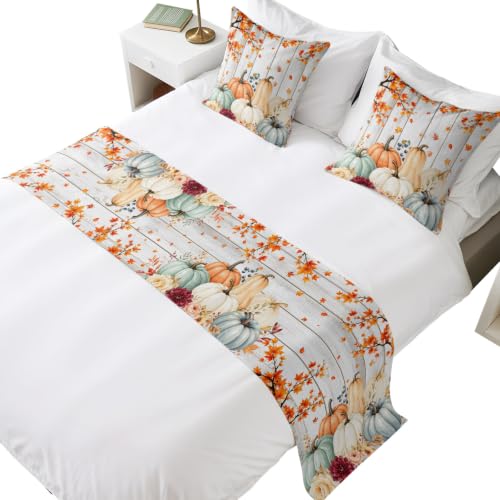 Fall Pumpkin and Maple Leaf Bed Runner Set with Matching Pillow Covers - Blue, Gray, Orange, White, 83x20 Inches
