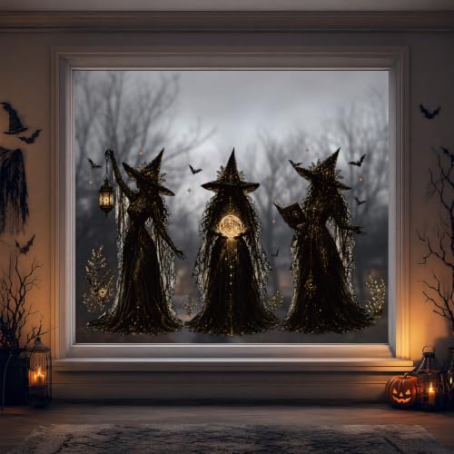 Halloween Witch Static Window Clings Stickers - Indoor Decor, Reusable & Spooky, 9 Pcs - Witch Variation