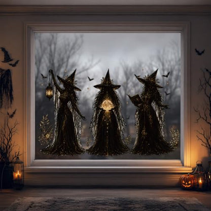 Halloween Witch Static Window Clings Stickers - Indoor Decor, Reusable & Spooky, 9 Pcs - Witch Variation