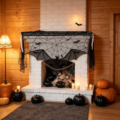 Halloween Black Lace Bat Window Curtains - Spiderweb Design, 2 Pack - Variation of Black-Bat/2