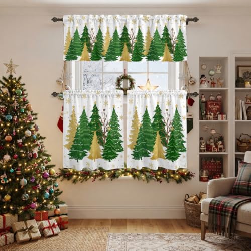 Christmas Tree Kitchen Curtains Valance and Tier Set - Green White Snowflakes, Stars, Gold Tree & Variation of THIS Listing