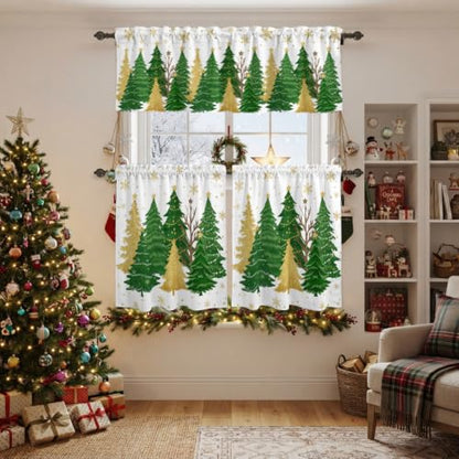 Christmas Tree Kitchen Curtains Valance and Tier Set - Green White Snowflakes, Stars, Gold Tree & Variation of THIS Listing