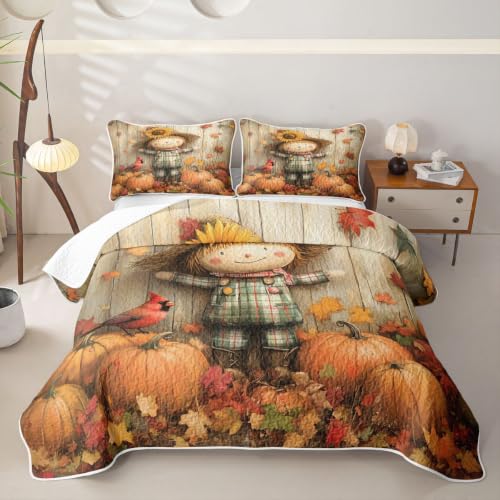 Orange Brown Autumn Scarecrow Quilted Bedspread Twin Set with Pillowcase - 2 Pieces