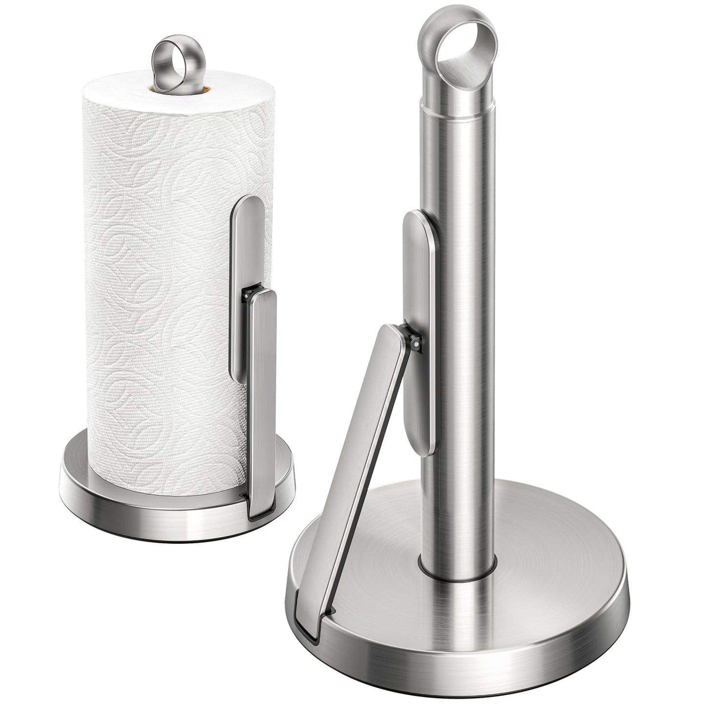 theaoo Heavy-Duty Stainless Steel Paper Towel Holder with Tension Arm – Easy One-Handed Tear, Modern Standing Countertop Dispenser for Kitchen, Holds All Paper Towel Rolls (1, Silver)