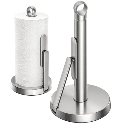 theaoo Heavy-Duty Stainless Steel Paper Towel Holder with Tension Arm – Easy One-Handed Tear, Modern Standing Countertop Dispenser for Kitchen, Holds All Paper Towel Rolls (1, Silver)