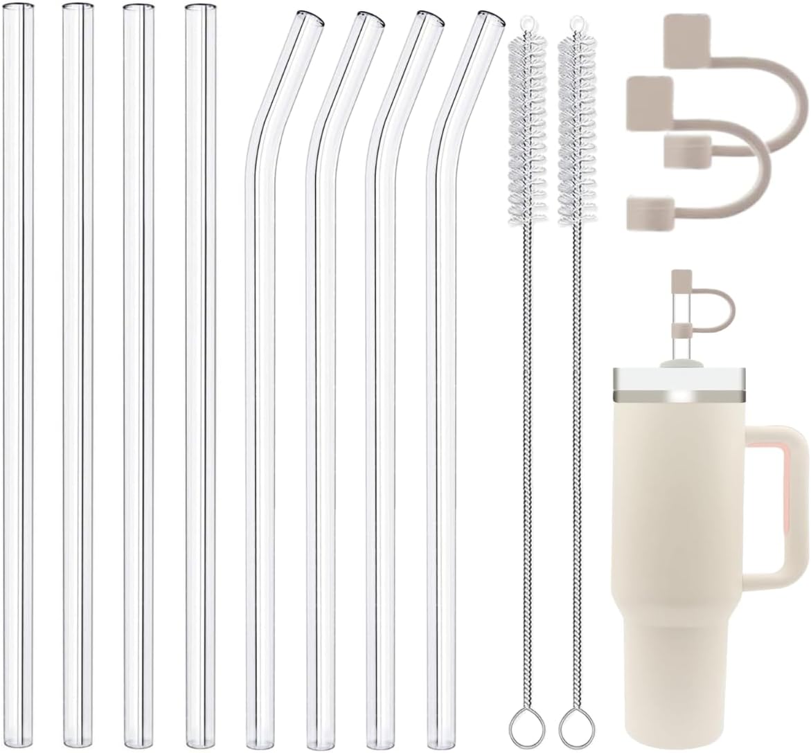 Stanley Replacement Glass Straws - Reusable Straws with Covers & Cleaning Brush | 12 PCS Set
