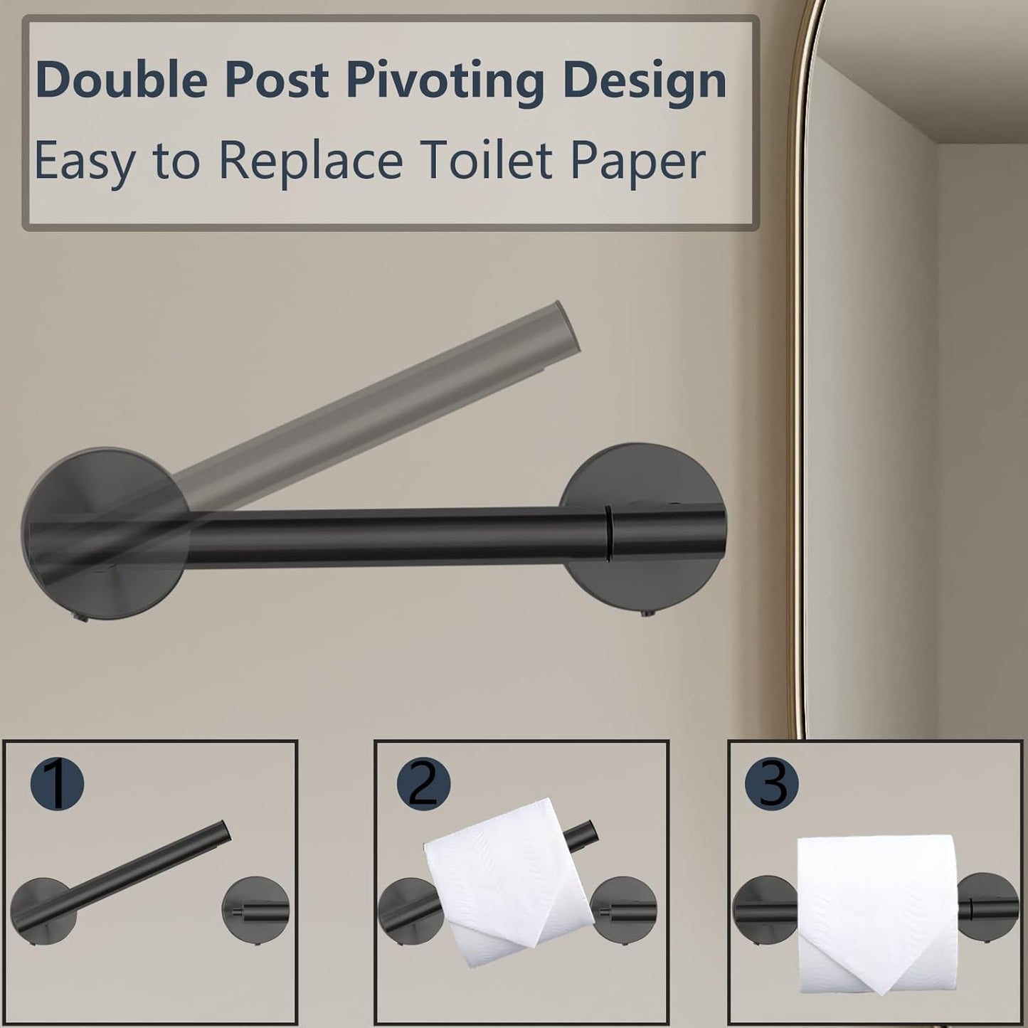 Skiennix Toilet Paper Holder - Double Post Pivoting Design, Rustproof Stainless Steel | Fits Mega Rolls, Black