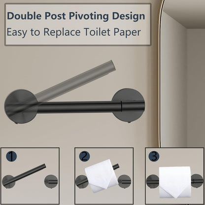 Skiennix Toilet Paper Holder - Double Post Pivoting Design, Rustproof Stainless Steel | Fits Mega Rolls, Black