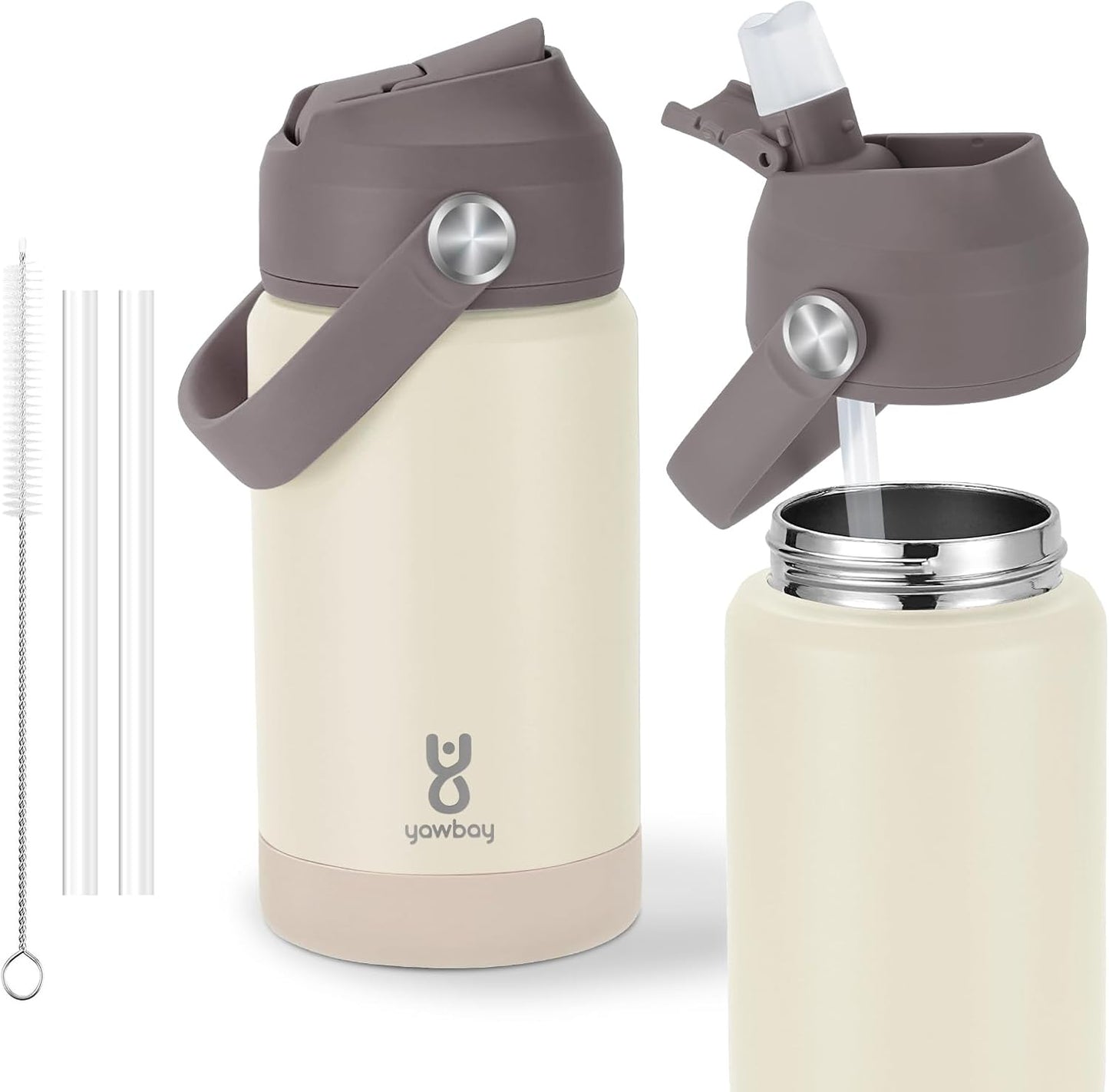 Skiennix Kids Insulated Water Bottle - 12oz Leak-Proof Design with Straw Lid & Silicone Handle | Beige