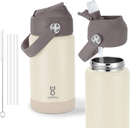 Skiennix Kids Insulated Water Bottle - 12oz Leak-Proof Design with Straw Lid & Silicone Handle | Beige