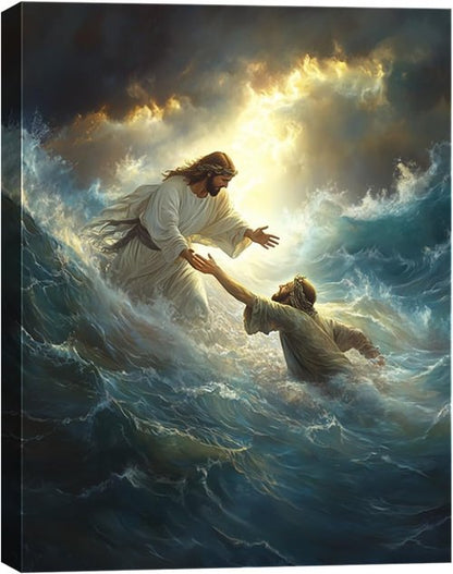 KFYMP Jesus Wall Art - Jesus Rescuing Peter Canvas Print - Faith-Based Home Decor | 12x16 Inch
