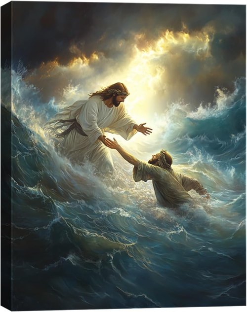 KFYMP Jesus Wall Art - Jesus Rescuing Peter Canvas Print - Faith-Based Home Decor | 12x16 Inch
