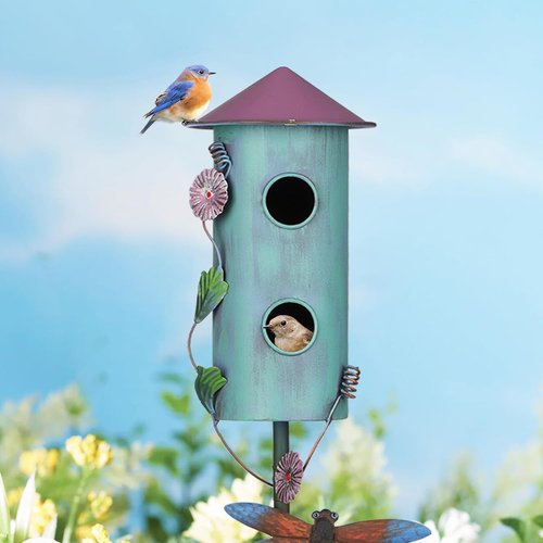 BAYN 57” Metal Birdhouse Stake - Double-Hole Wild Bird Feeder with Cylinders Design for Outdoor Decor