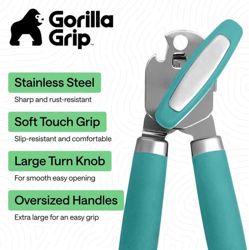 GORILLA GRIP Heavy Duty Can Opener - Stainless Steel with Comfortable Handle & Oversized Knob | Turquoise