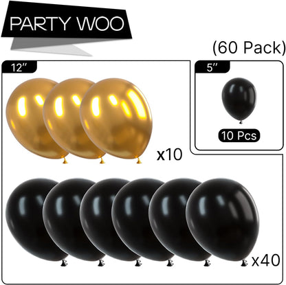 PartyWoo Black and Gold Balloons - 66pcs 12-Inch Matte Black & Metallic Chrome Gold for Celebrations